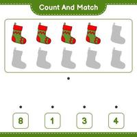 Count and match, count the number of Christmas Sock and match with the right numbers. Educational children game, printable worksheet, vector illustration