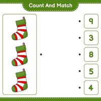 Count and match, count the number of Christmas Sock and match with the right numbers. Educational children game, printable worksheet, vector illustration