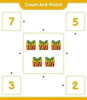 cuente y combine, cuente el número de cajas de regalo y combine con los números correctos. juego educativo para niños, hoja de cálculo imprimible, ilustración vectorial vector