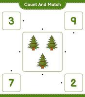 cuenta y empareja, cuenta el número de árboles de navidad y empareja con los números correctos. juego educativo para niños, hoja de cálculo imprimible, ilustración vectorial vector