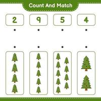 Count and match, count the number of Christmas Tree and match with the right numbers. Educational children game, printable worksheet, vector illustration