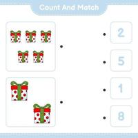 cuente y combine, cuente el número de cajas de regalo y combine con los números correctos. juego educativo para niños, hoja de cálculo imprimible, ilustración vectorial vector