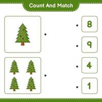 cuenta y empareja, cuenta el número de árboles de navidad y empareja con los números correctos. juego educativo para niños, hoja de cálculo imprimible, ilustración vectorial vector