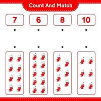 Count and match, count the number of Christmas Sock and match with the right numbers. Educational children game, printable worksheet, vector illustration