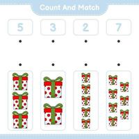 Count and match, count the number of Gift Box and match with the right numbers. Educational children game, printable worksheet, vector illustration