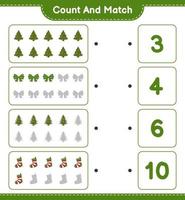 Count and match, count the number of Christmas Tree, Ribbon, Christmas Sock and match with the right numbers. Educational children game, printable worksheet, vector illustration