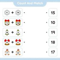 Count and match, count the number of Snowflake, Gift Box, Tree, Christmas Bell, Gingerbread Man and match with the right numbers. Educational children game, printable worksheet, vector illustration