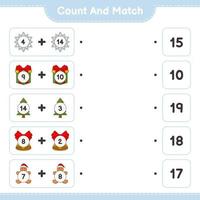 cuente y combine, cuente el número de copos de nieve, cajas de regalo, árboles, campanas navideñas, hombres de pan de jengibre y combine con los números correctos. juego educativo para niños, hoja de cálculo imprimible, ilustración vectorial vector