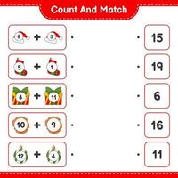 Count and match, count the number of Christmas Ball, Hat, Sock, Gift Box, Cookies and match with the right numbers. Educational children game, printable worksheet, vector illustration