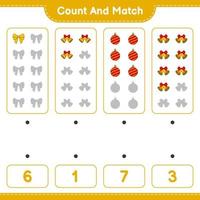 Count and match, count the number of Ribbon, Christmas Ball, Christmas Bell and match with the right numbers. Educational children game, printable worksheet, vector illustration