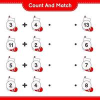 Count and match, count the number of Christmas Sock and match with the right numbers. Educational children game, printable worksheet, vector illustration