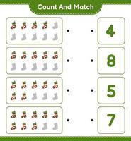 Count and match, count the number of Christmas Sock and match with the right numbers. Educational children game, printable worksheet, vector illustration