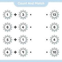 Count and match, count the number of Snowflake and match with the right numbers. Educational children game, printable worksheet, vector illustration