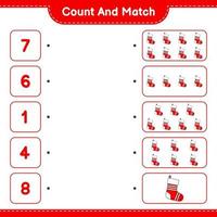 Count and match, count the number of Christmas Sock and match with the right numbers. Educational children game, printable worksheet, vector illustration
