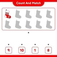 Count and match, count the number of Christmas Sock and match with the right numbers. Educational children game, printable worksheet, vector illustration