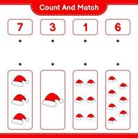 Count and match, count the number of Santa Hat and match with the right numbers. Educational children game, printable worksheet, vector illustration