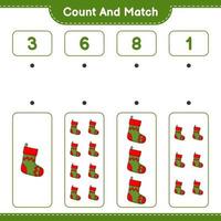 Count and match, count the number of Christmas Sock and match with the right numbers. Educational children game, printable worksheet, vector illustration