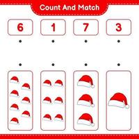 Count and match, count the number of Santa Hat and match with the right numbers. Educational children game, printable worksheet, vector illustration