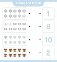 Count and match, count the number of Ribbon, Snowflake, Gift Box and match with the right numbers. Educational children game, printable worksheet, vector illustration