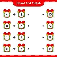 Count and match, count the number of Gift Box and match with the right numbers. Educational children game, printable worksheet, vector illustration