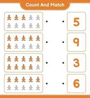 Count and match, count the number of Gingerbread Man and match with the right numbers. Educational children game, printable worksheet, vector illustration