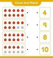 Count and match, count the number of Christmas Ball and match with the right numbers. Educational children game, printable worksheet, vector illustration