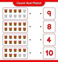 Count and match, count the number of Gift Box and match with the right numbers. Educational children game, printable worksheet, vector illustration