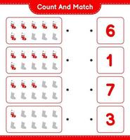 Count and match, count the number of Christmas Sock and match with the right numbers. Educational children game, printable worksheet, vector illustration