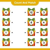 Count and match, count the number of Gift Box and match with the right numbers. Educational children game, printable worksheet, vector illustration