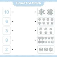 Count and match, count the number of Snowflake and match with the right numbers. Educational children game, printable worksheet, vector illustration