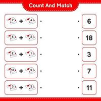 Count and match, count the number of Santa Hat and match with the right numbers. Educational children game, printable worksheet, vector illustration