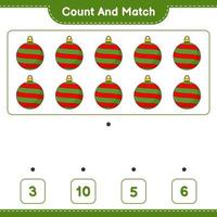 Count and match, count the number of Christmas Ball and match with the right numbers. Educational children game, printable worksheet, vector illustration