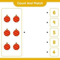 Count and match, count the number of Christmas Ball and match with the right numbers. Educational children game, printable worksheet, vector illustration