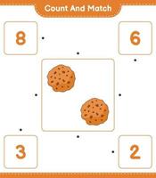 cuenta y empareja, cuenta el número de galletas y empareja con los números correctos. juego educativo para niños, hoja de cálculo imprimible, ilustración vectorial vector