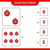 Count and match, count the number of Christmas Ball and match with the right numbers. Educational children game, printable worksheet, vector illustration