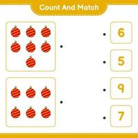 Count and match, count the number of Christmas Ball and match with the right numbers. Educational children game, printable worksheet, vector illustration