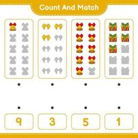 Count and match, count the number of Christmas Bell, Ribbon, Gift Box and match with the right numbers. Educational children game, printable worksheet, vector illustration