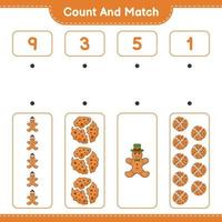 Count and match, count the number of Cookies, Gingerbread Man and match with the right numbers. Educational children game, printable worksheet, vector illustration