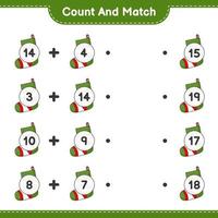 Count and match, count the number of Christmas Sock and match with the right numbers. Educational children game, printable worksheet, vector illustration