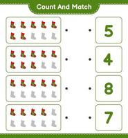 Count and match, count the number of Christmas Sock and match with the right numbers. Educational children game, printable worksheet, vector illustration