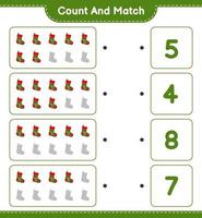 Count and match, count the number of Christmas Sock and match with the right numbers. Educational children game, printable worksheet, vector illustration