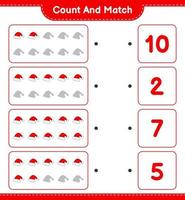 Count and match, count the number of Santa Hat and match with the right numbers. Educational children game, printable worksheet, vector illustration