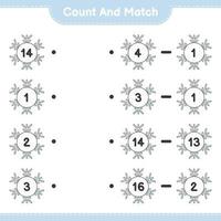 Count and match, count the number of Snowflake and match with the right numbers. Educational children game, printable worksheet, vector illustration