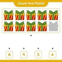 Count and match, count the number of Gift Box and match with the right numbers. Educational children game, printable worksheet, vector illustration