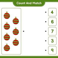 Count and match, count the number of Christmas Ball and match with the right numbers. Educational children game, printable worksheet, vector illustration