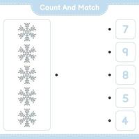 Count and match, count the number of Snowflake and match with the right numbers. Educational children game, printable worksheet, vector illustration