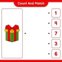 Count and match, count the number of Gift Box and match with the right numbers. Educational children game, printable worksheet, vector illustration