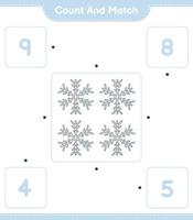 cuenta y empareja, cuenta el número de copos de nieve y empareja con los números correctos. juego educativo para niños, hoja de cálculo imprimible, ilustración vectorial vector