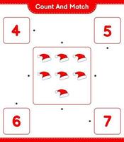 Count and match, count the number of Santa Hat and match with the right numbers. Educational children game, printable worksheet, vector illustration