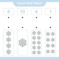 Count and match, count the number of Snowflake and match with the right numbers. Educational children game, printable worksheet, vector illustration